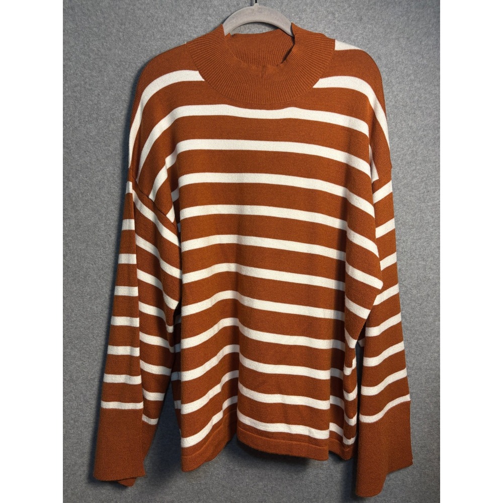 Soft‎ Striped Mock Neck Sweater 2XL Oversized Cozy Neutral Minimalist